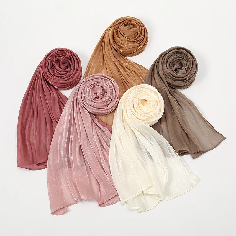 

70*180CM Plain Sparking Chiffon Hijab Lady High Quality Wrap Shimmer Beach Cover Stole Bufandas Muslim Scarf