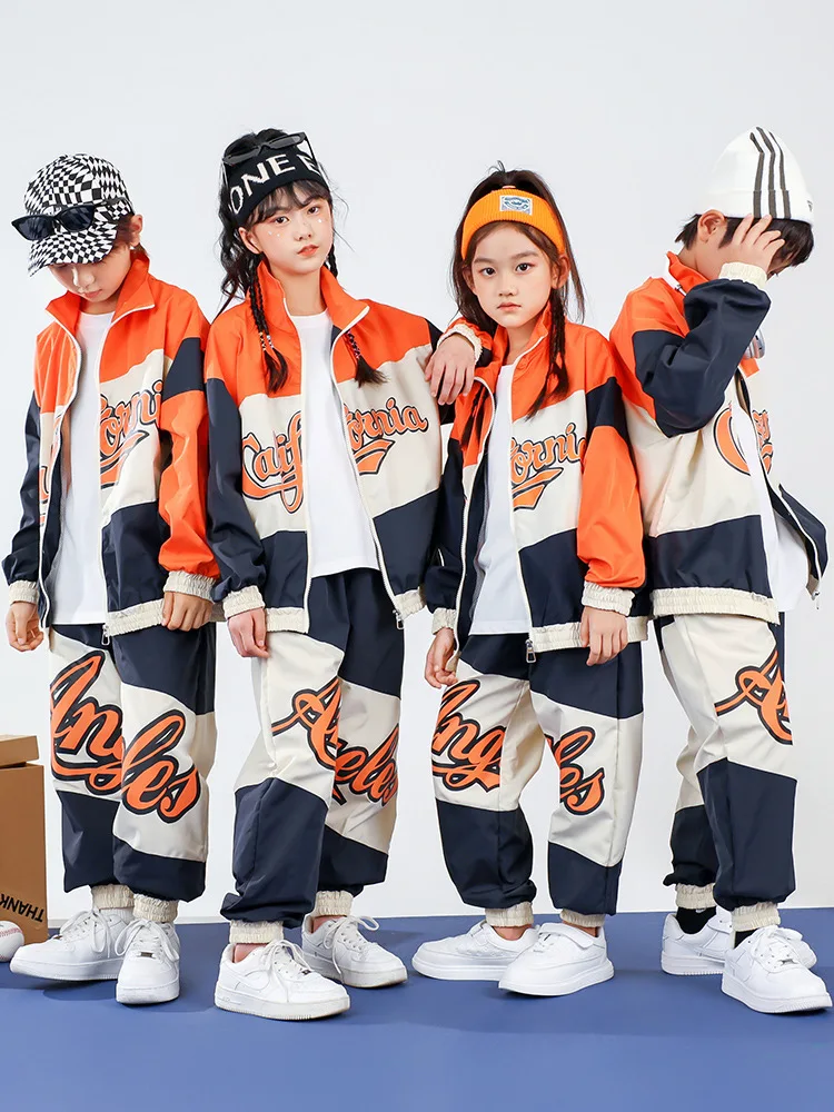 Kid Kpop Hip Hop Clothing Color Block Windbreaker Jacket Top Casual Wide Jogger Pants for Girl Boy Jazz Dance Costume Clothes