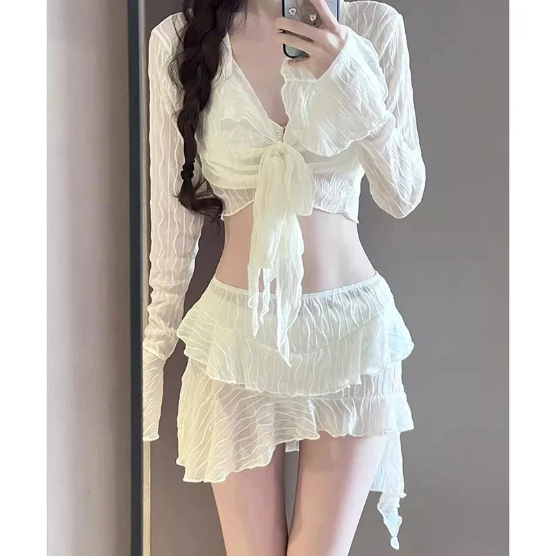 2026 Chic Bikini Set Women Lace Up Flare Sleeve Cardigan Irregular Mini Skirt Split Bikini 2025 New Beach Bathing Suit 4 Piece S