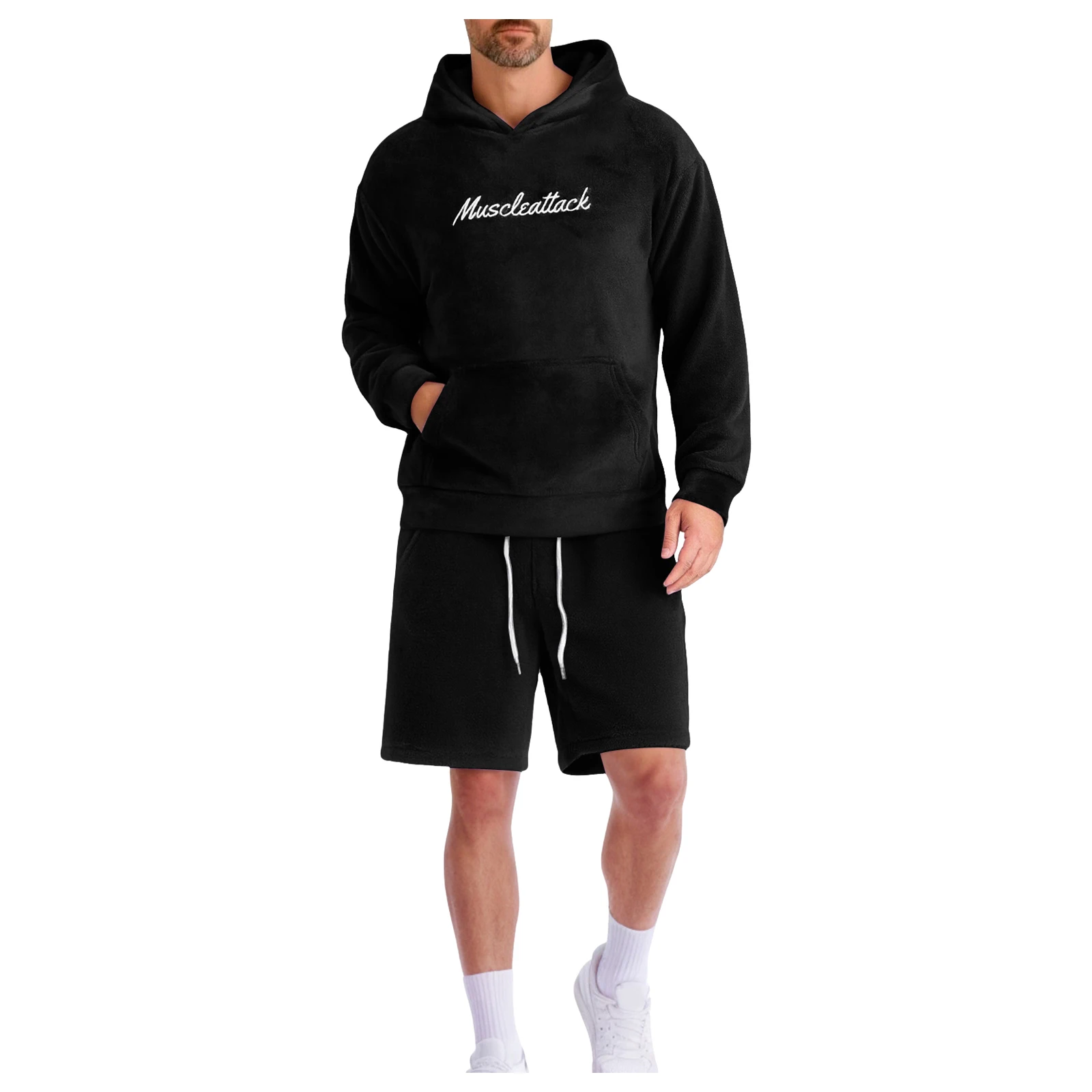 

Man Dress Suit Men's 2 Piece Tracksuit Sets Fleece Fuzzy Hooded Sweatshirt And Shorts Six Button Suit for Men