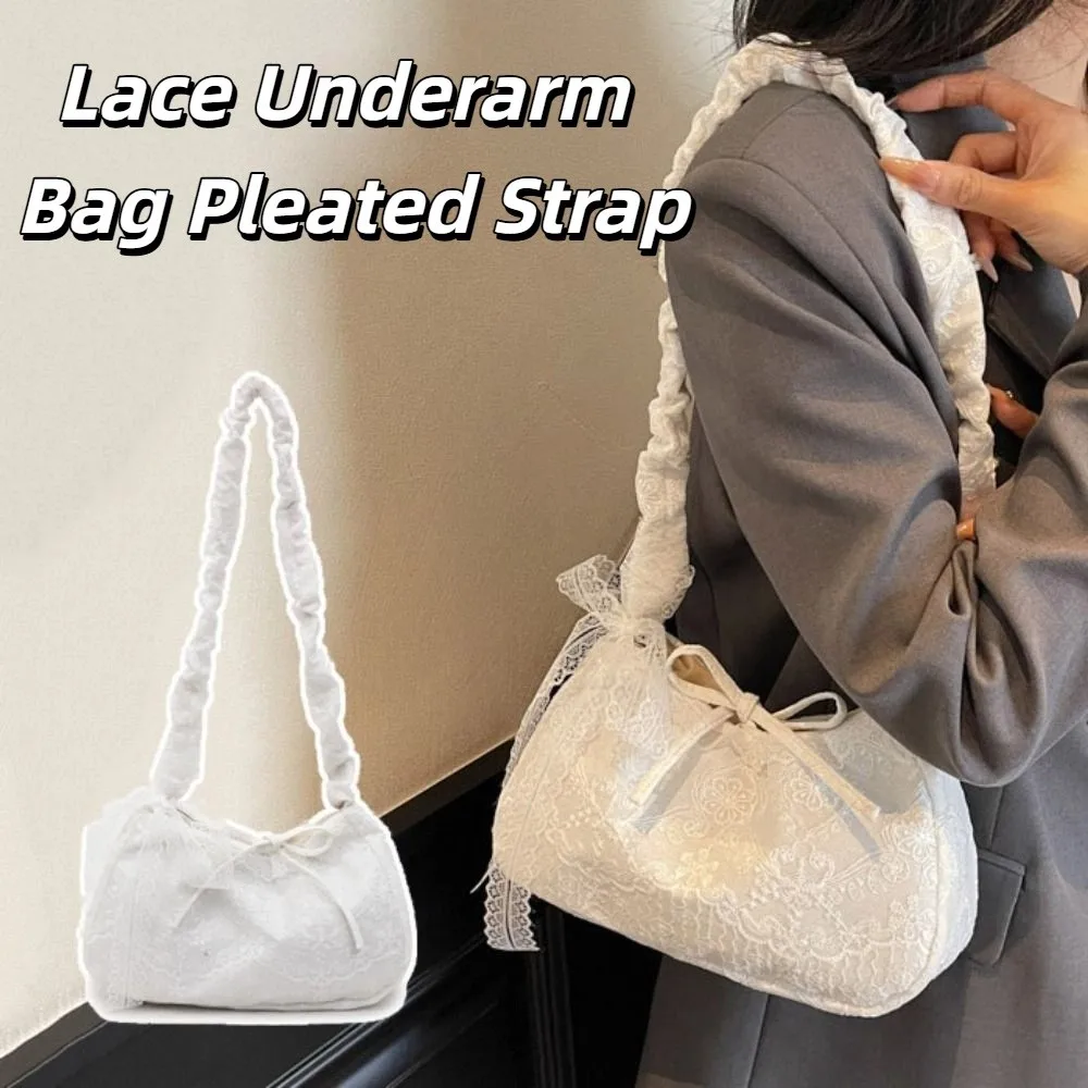 

Tote Bag Lace Shoulder Bag Pleated Strap With Ribbon Simple Canvas Handbag Cloth Korean Style Large Capacity Bag School