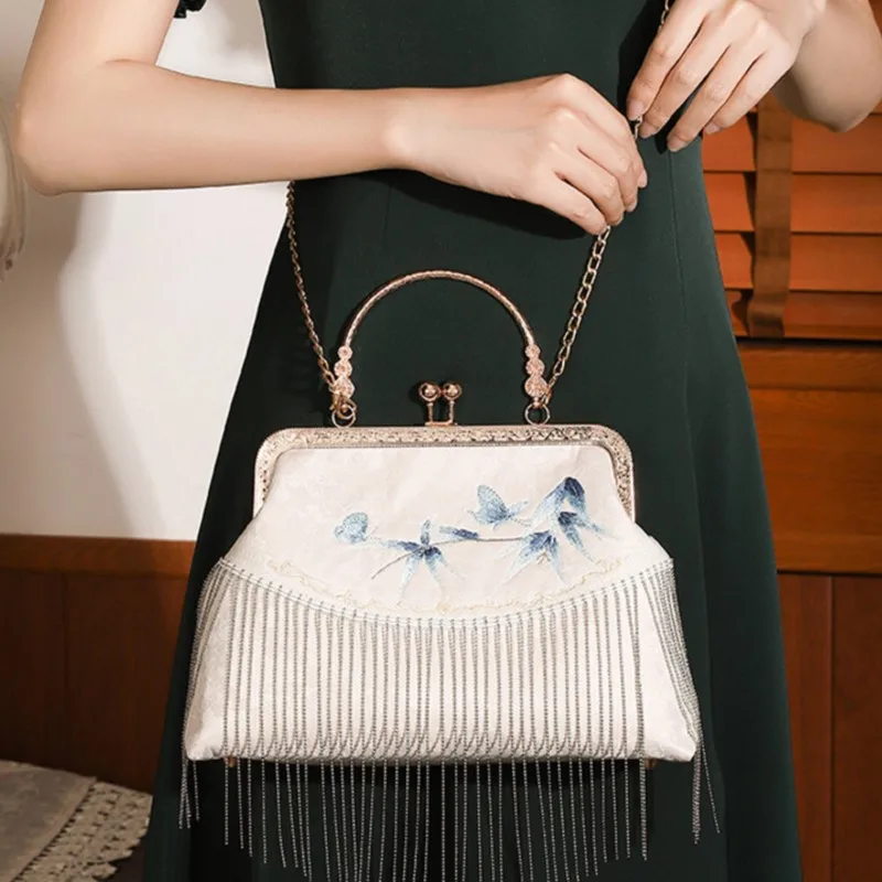 Johnature Exquisite Silk Embroidered Handbag Women 2024 New Versatile Tassel Antique Cheongsam Bag Lady Chain Shoulder Bags