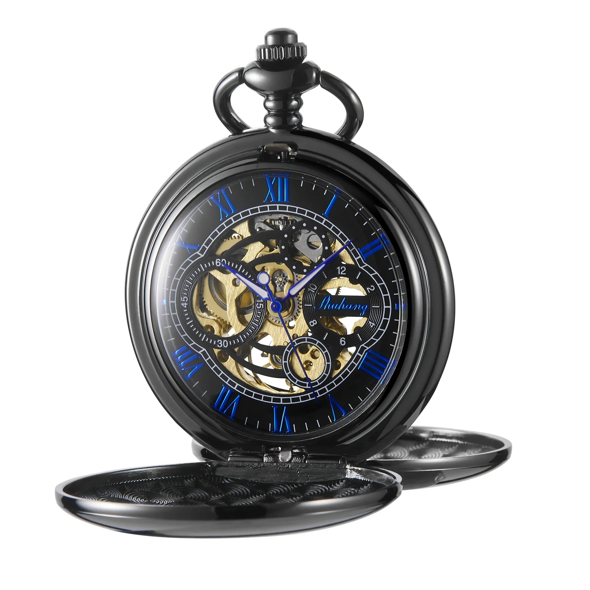 Montre de poche de luxe pour hommes, boîtier ouvert noir lisse à 2 côtés, collier mécanique à remontage manuel, horloge d'affaires exquise, cadeau masculin