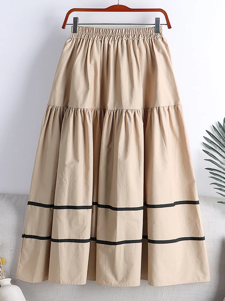 

2023 New Elastic High Waist Korean Fashion Hit Color Women Skirts Stripe Cotton Patchwork Office Ladies Work Skirts Ropa Mujer