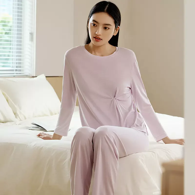 BirdTree, 100%Mulberry Silk Knit Pajamas Set, Women Long Sleeve Top Pants, Casual Sweet Homewear, 2024 Summer Autumn S47667QC