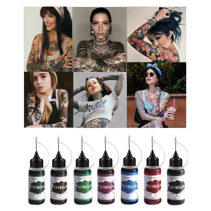 حبر الوشم الملون لعصير الوشم ، حبر الوشم طويل الأمد والإستنسل مجموعة الوشم المؤقت ، طلاء الجسم المقاوم للماء وشم مزيف
