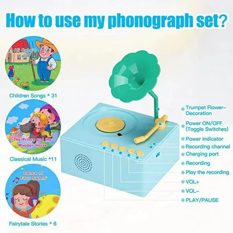 Phonograph Toy For Kids Early Learning Story Telling Phonograph With 96 Cards Music Box Phonograph For Kids 3-6 Preschool Music