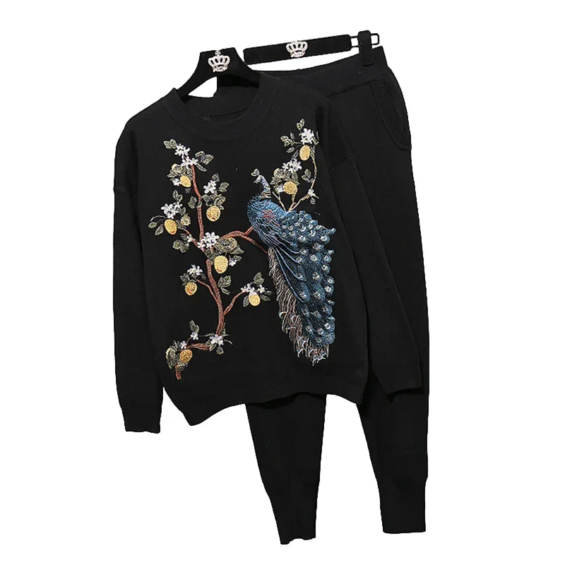 Fashion Peacock Embroidery Knitted Tracksuits Women Black Outfits 2pc Loose Pullover Sweater Pencil Pants Two Piece Set Female