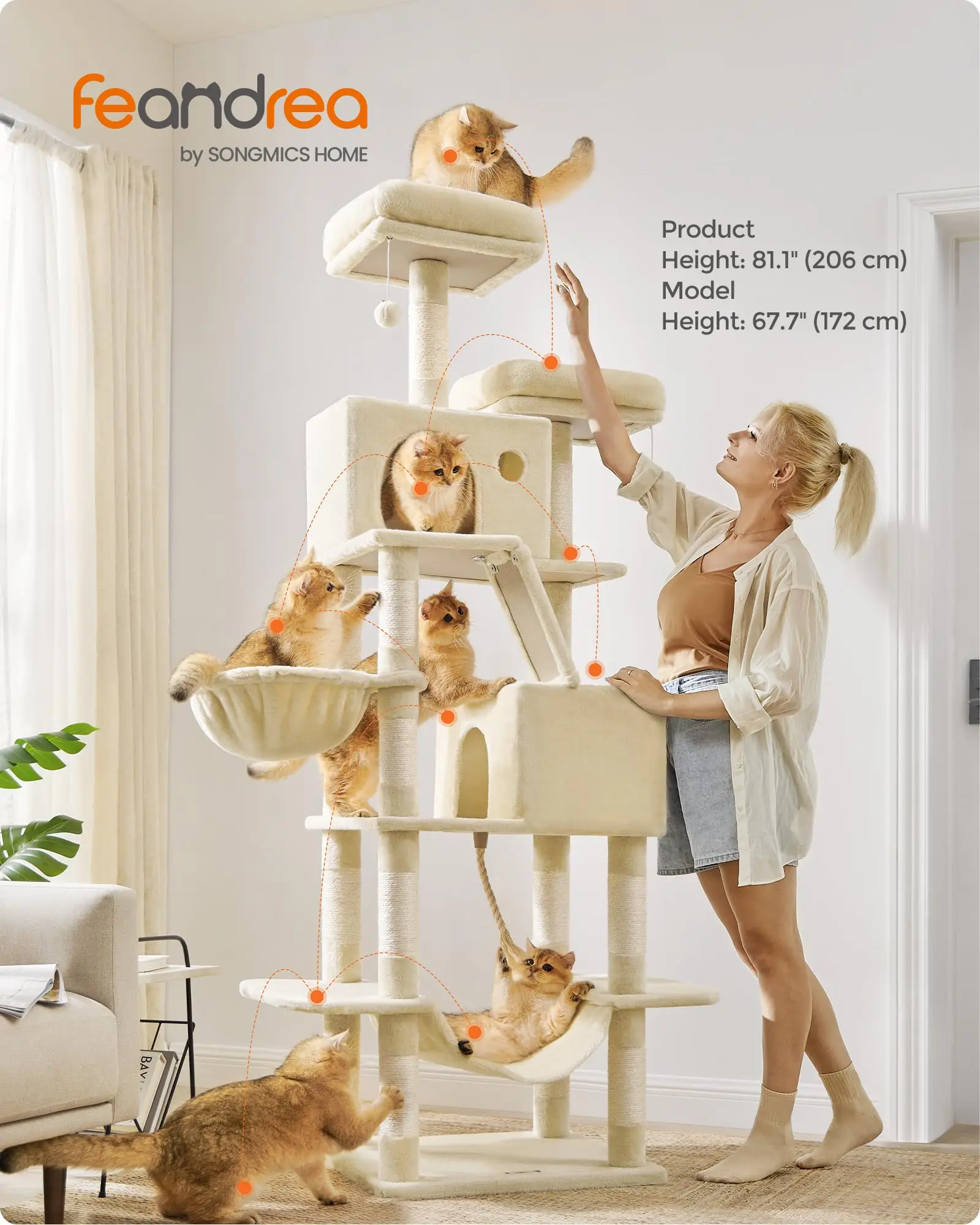 Cat Tree, 81.1-Inch Large Cat Tower, Multi-Level Condo, Beige