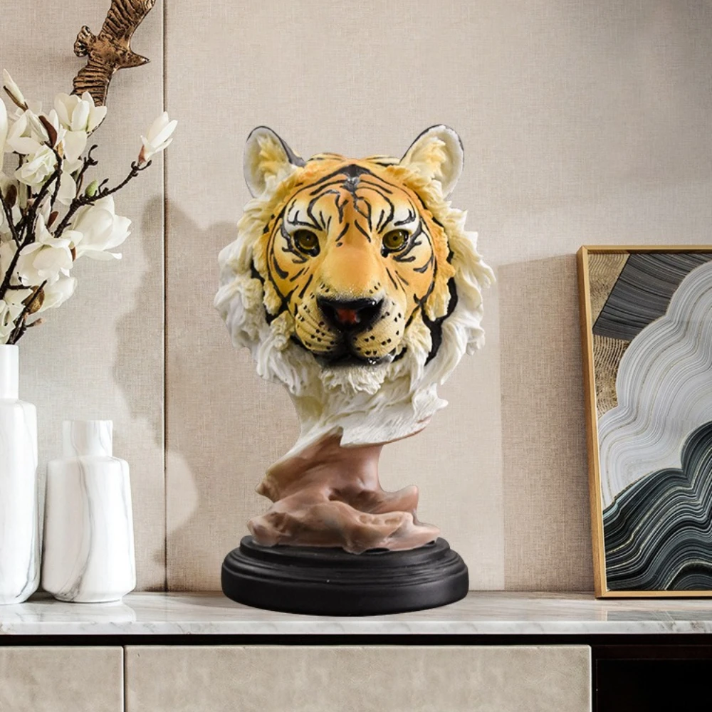 Modern Simulation Tiger Head Figurine Home Living Room Study Office Desktop Decoration Art Sculpture Ornament Gift Resin Crafts