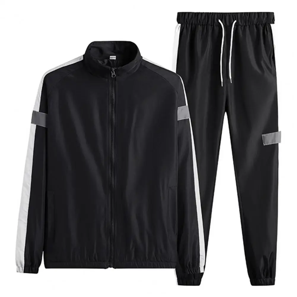 Street-style Sportswear Outfit Men's Patchwork Color Sportswear Set with Stand Collar Jacket Elastic Waistband Sweatpants Zipper