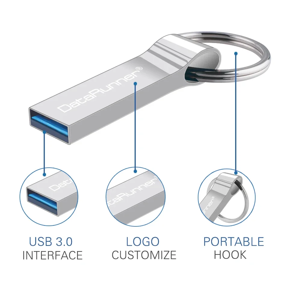 DataRunner Gantungan Kunci USB 3.0, Gantungan Kunci USB Flash Drive logam 128GB 64GB 32GB anti air USB 3.0