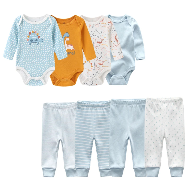 6/8Pieces Baby Boy Clothes Sets 100%Cotton Bodysuits+Pants Newborn Baby Girl Clothes Print Long Sleeve Autumn Solid Color Bebes