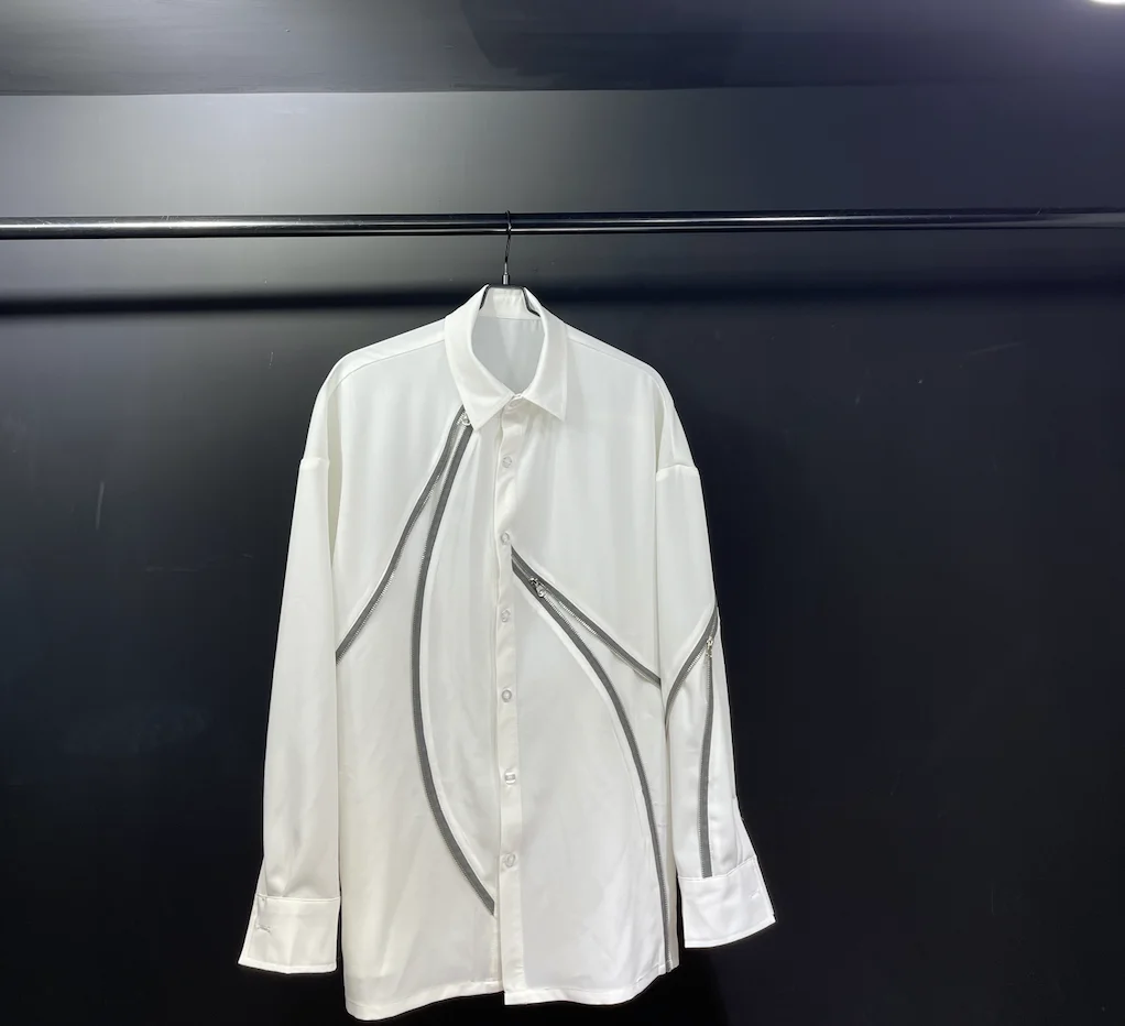 Original design of white long-sleeve shirt zipper decoration stitching with youth men's fashion