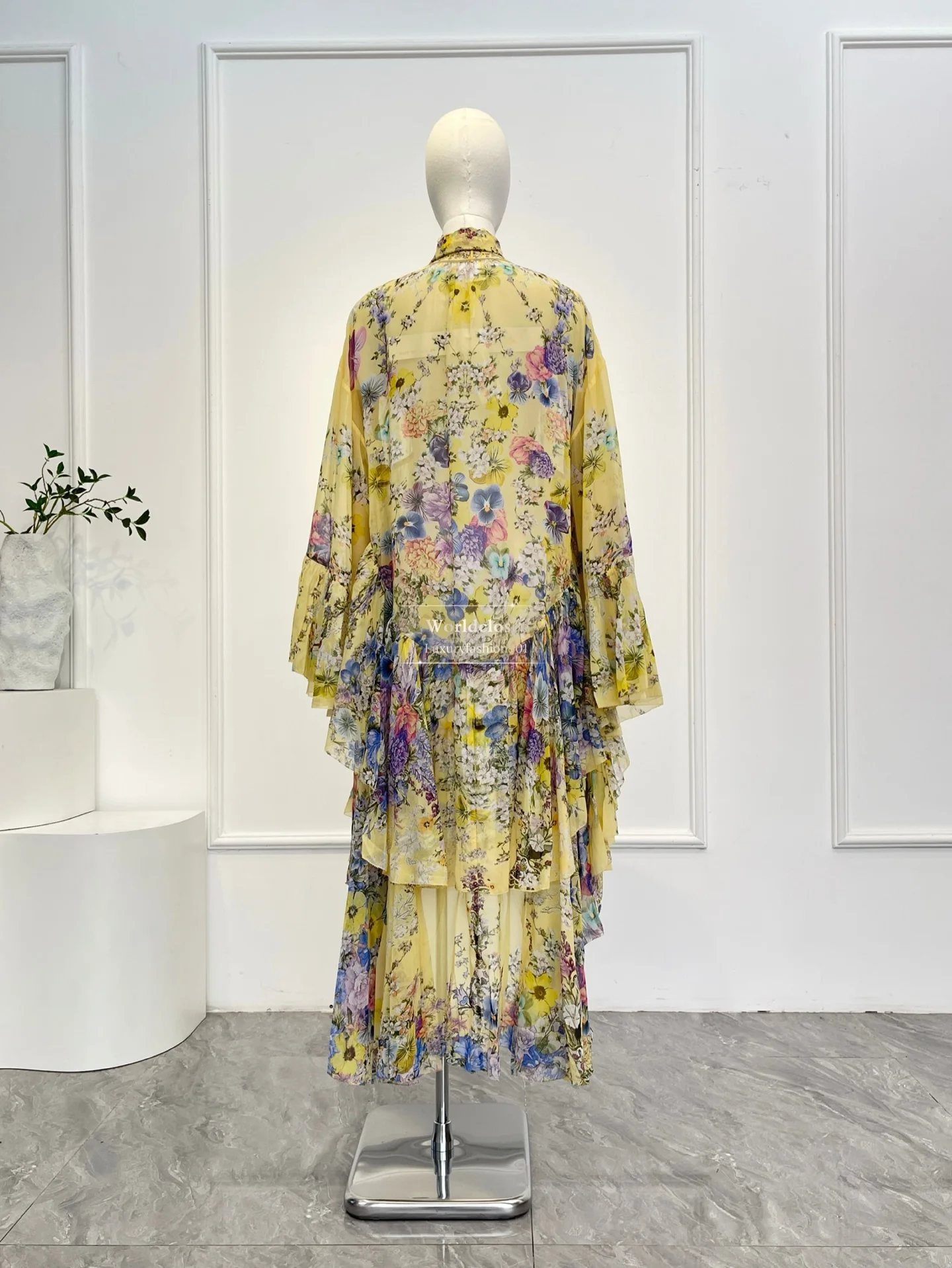 

2026 New Pastel Yellow Floral Print Stand Collar Neck Tie Tiered Ruffles Cape Sleeves Irregular Hem Chiffon Women Dress