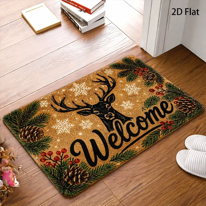 Front Door Mat Serene Deep Blue Roses Printed Carpet Elegant Antlered Stag Watercolor Hydrangeas for Entrance Hallway