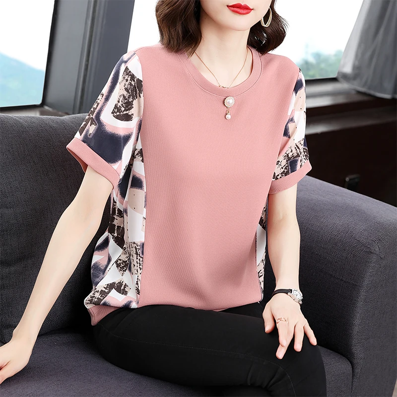 Simple Short Sleeve T-Shirt Women's Summer New Style plus Size Mom's Fashion Print Top Comfortable round Neck Polyester Fiber