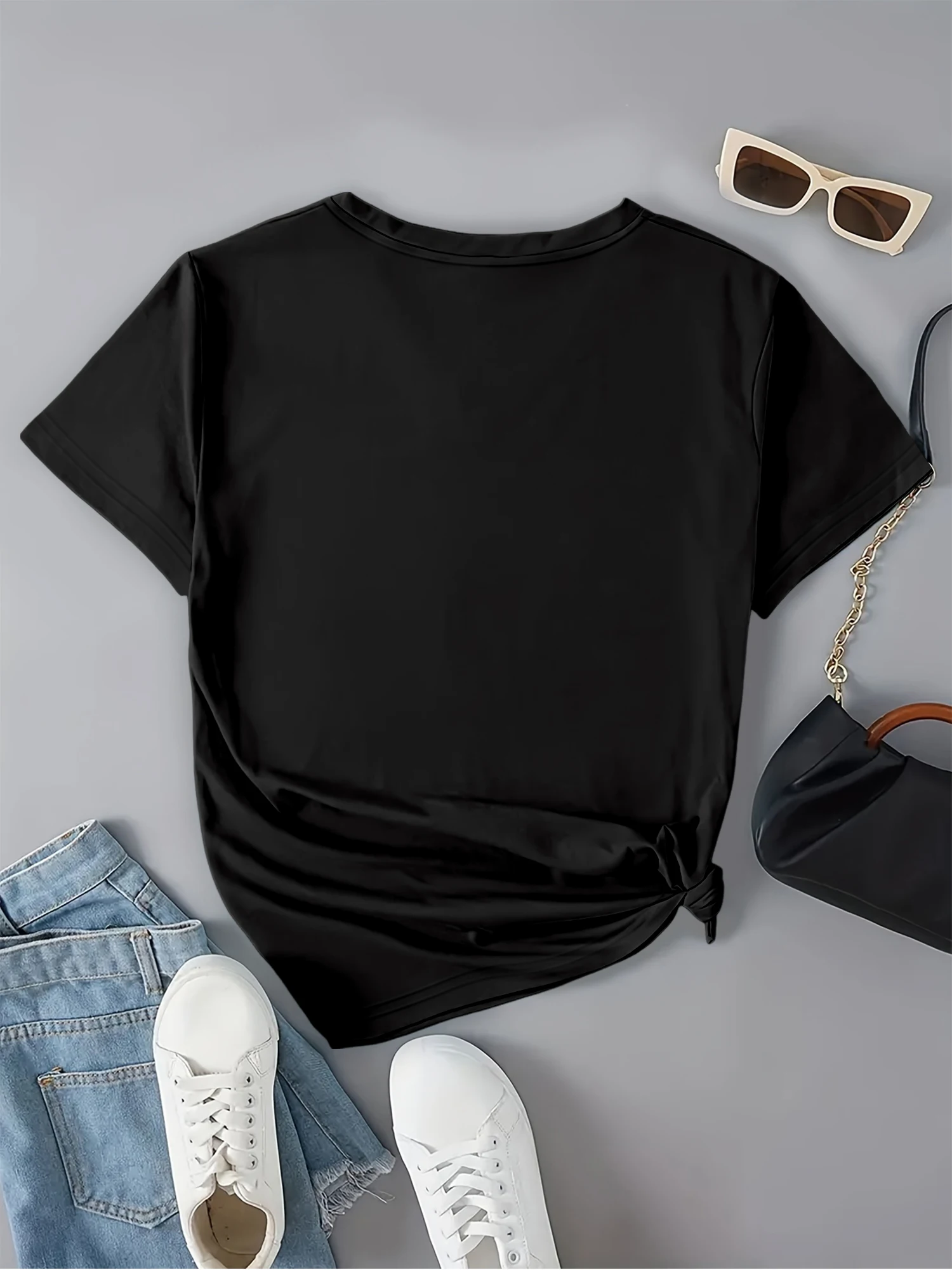 オーバーサイズ Vネック 半袖 Tシャツ - レディース カーブヘムトップ、柔らかく伸縮性のある生地、透けにくい、デイリーウェアに最適