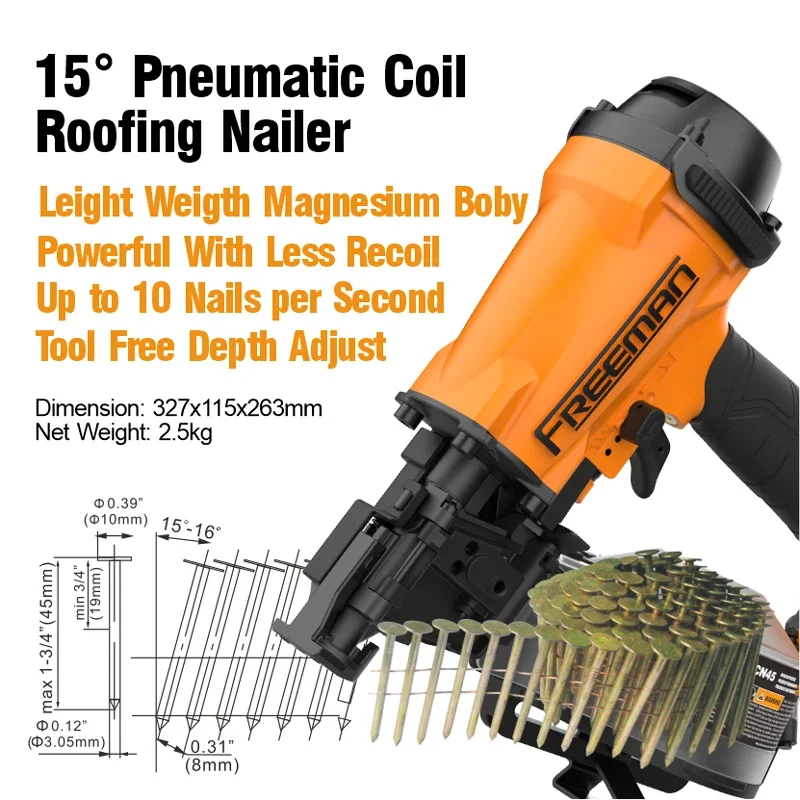 Freeman FMCN45 1 3/4 Inch Air Clout Roof Nailer 45MM Pneumatic Coil Roofing Nail -Gun for Roofing Shingles