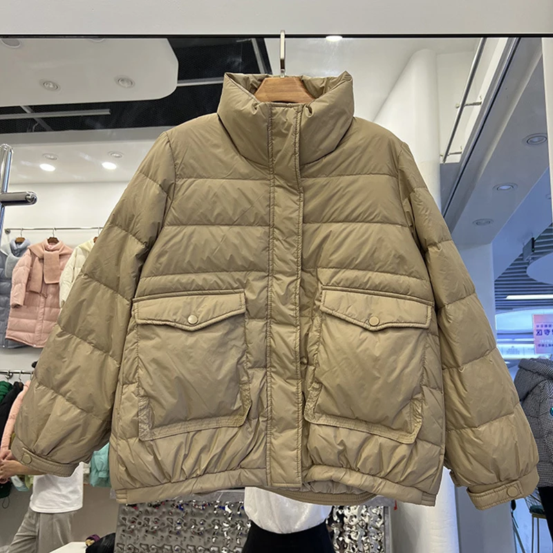 2022 Women Autumn Winter Short Loose Padded Zipper Solid Color Jacket Stand Collar Big Pocket All Match White Duck Down Coat