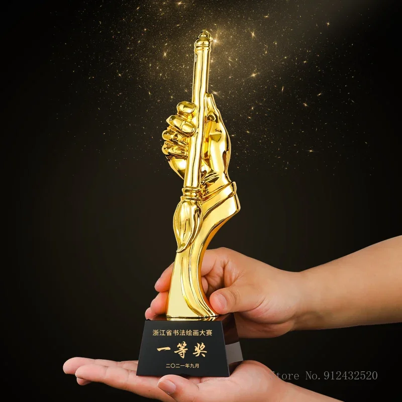 Customized Resin Writing Brush Sculpture Shape Trophy Creative Hard Painting Competition Calligraphy Medal Golden Pen Award, 1Pc