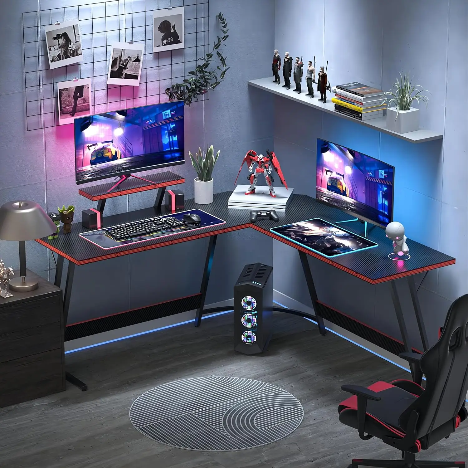 Bureau de jeu en forme de L, table d'angle pour ordinateur de 51 pouces avec grand support de moniteur et surface en fibre de carbone, noir