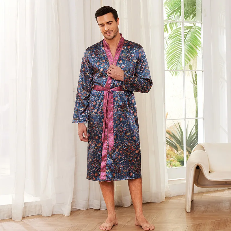 Roupão de quimono masculino com cinto, pijamas soltas, loungewear estampado, roupa de casa, roupa de dormir casual, roupão noturno com cinto