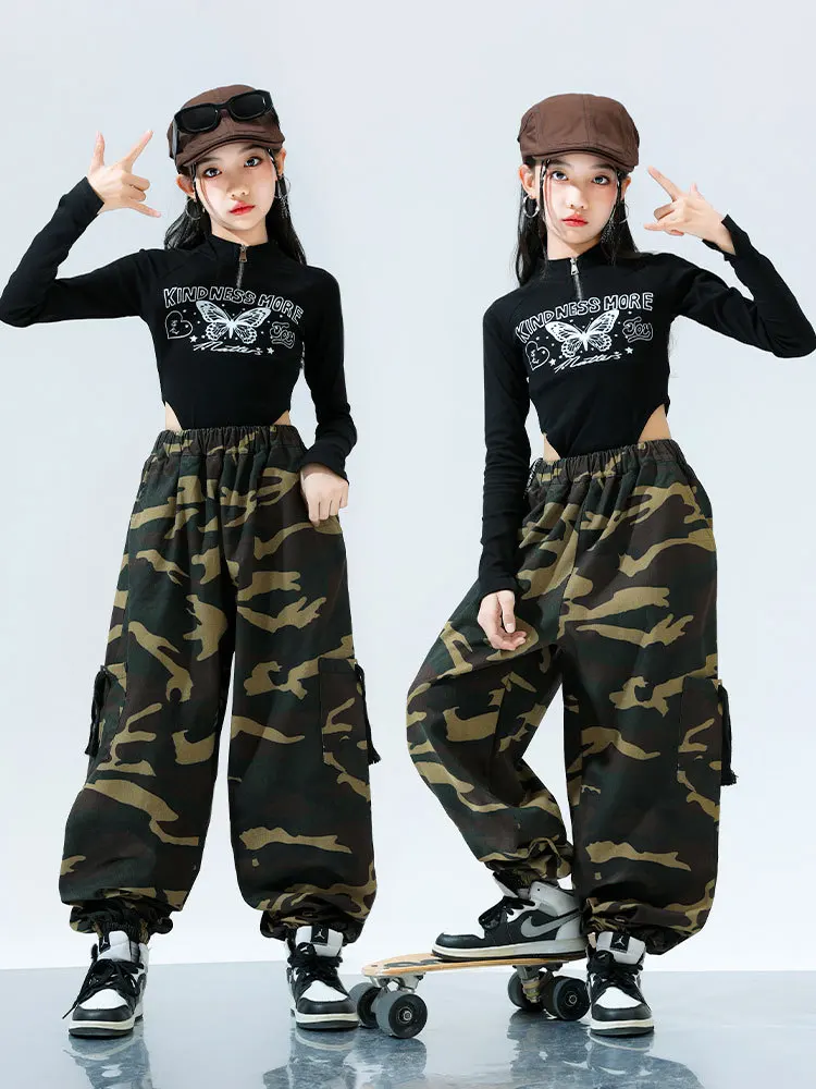 

Kid Hip Hop Clothing Black Butterfly Slim Fit T Shirt Camouflage Casual Wide Cargo Pants for Girl Boy Jazz Dance Costume Clothes