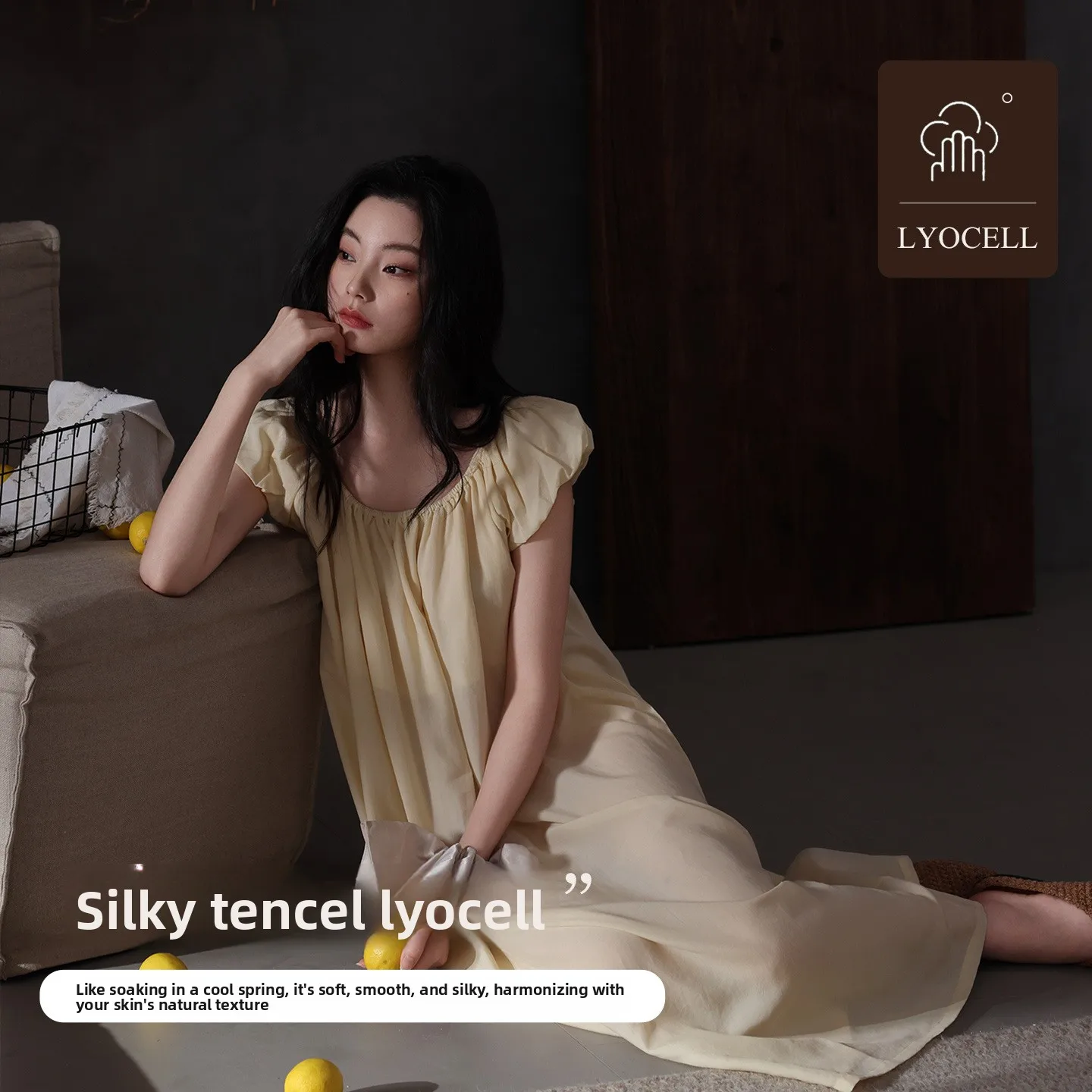 [100% Lyocell] Tencel Cool Summer Long Pajama Dress Women's Simple and Elegant Bubble Sleeve Home Dress