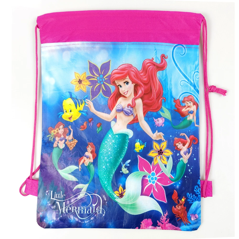 1pcs/lot Little Mermaid Theme Girls Favors Backpack Birthday Party Decorations Non-woven Fabrics Cartoon Drawstring Gifts Bag