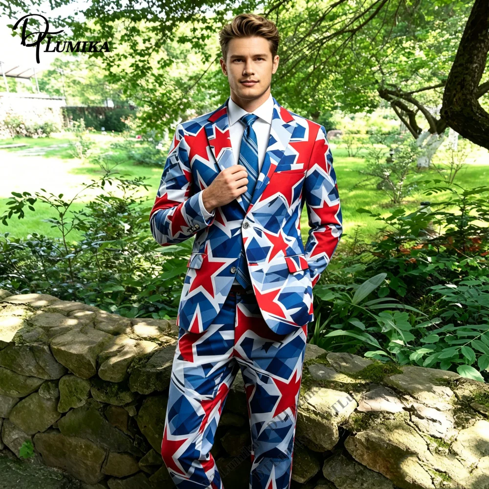 Star Print Color Block Men 2 Piece Suit Blazer Pants Set For Party Stage Performance US Dream One Button Smart Prom Suit Attire