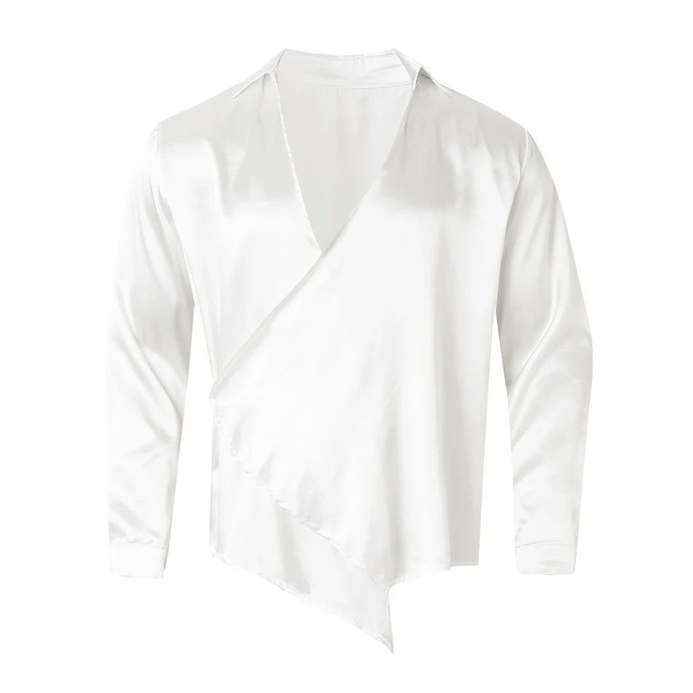 Men's Satin-like Deep V-neck Shirt Loose Lapel Long Sleeve Casual Button-Down Top For Cross Street Party Clubwear Top