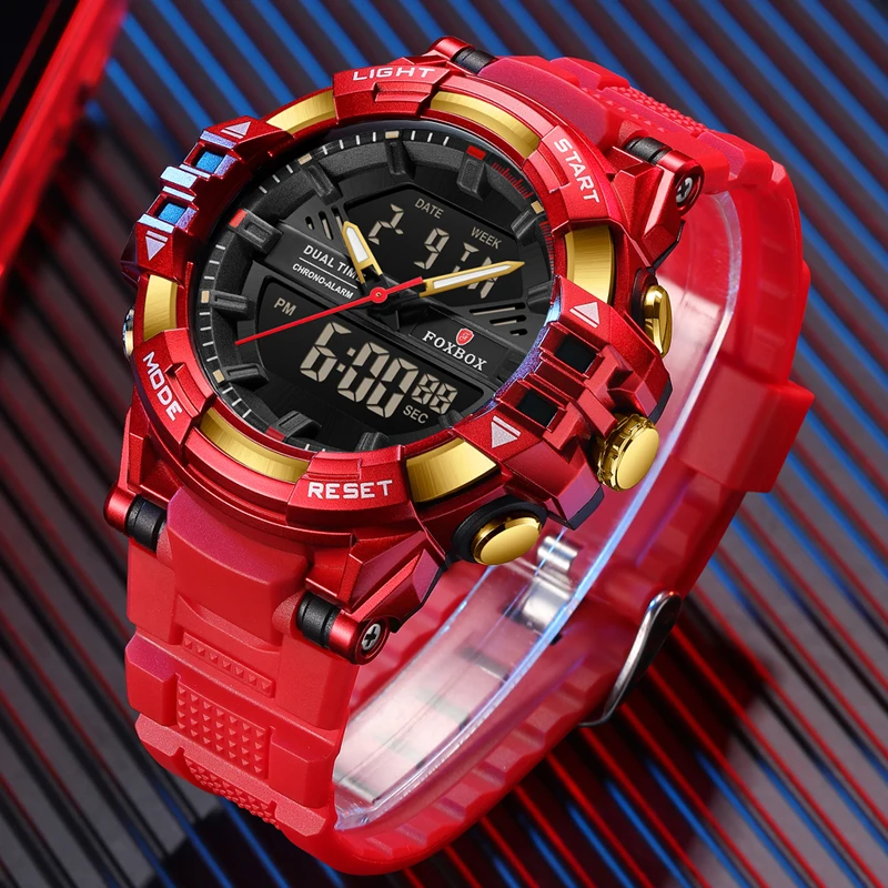 FOXBOX Mens Watches 5ATM Waterproof Dual Display Man Quartz Wristwatch Chronograph LED Luminous Alarm Male Electronic Watch Men