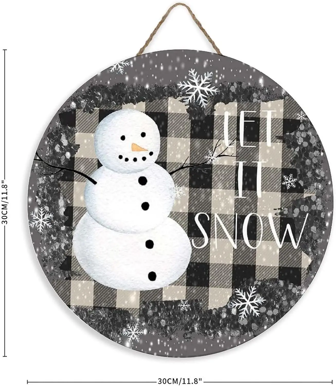 Let It Snow Circle Wood Sign Black and White Buffalo Plaid Snowman Wooden Sign Christmas Wood Hanging Sign Wall Art