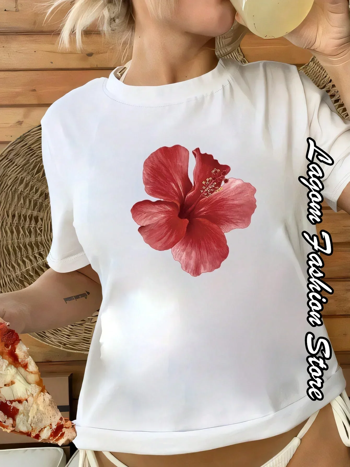 Cherry Print Women Fashion T-Shirt O-Neck Tops Tees Floral Graphic Short Sleeve Clothing Female Casual Streetwear