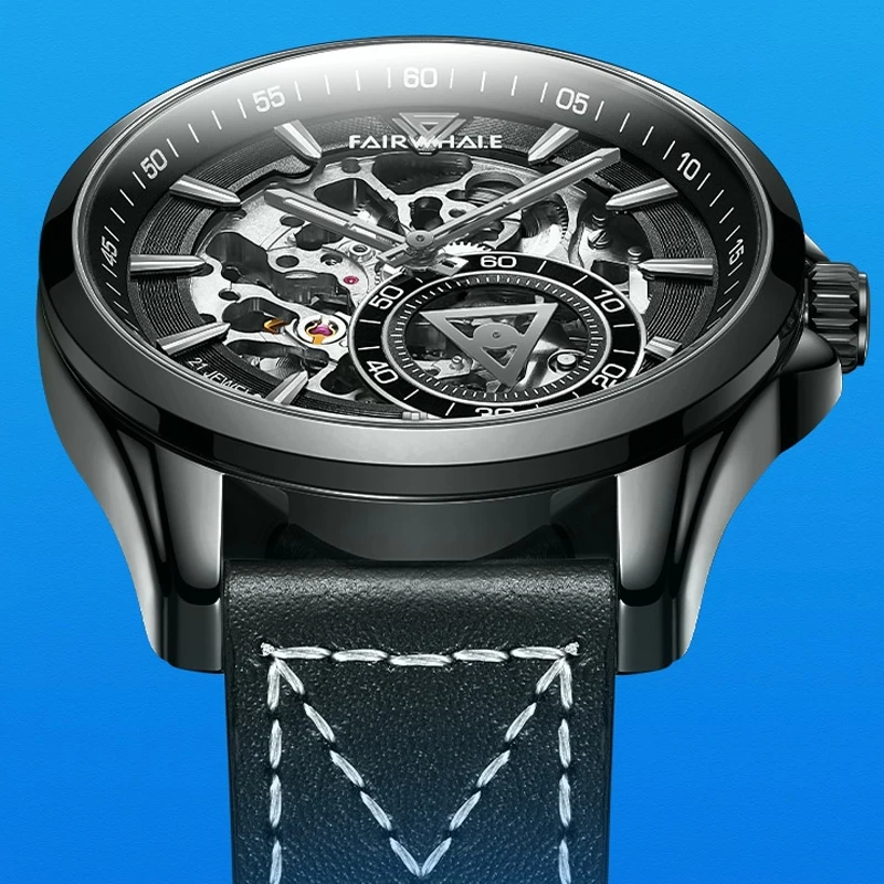 ساعة مارك فيرويل ميكانيكية هيكل عظمي للرجال بحزام جلدي أنيق مقاوم للماء توربيون أوتوماتيكي مضيء