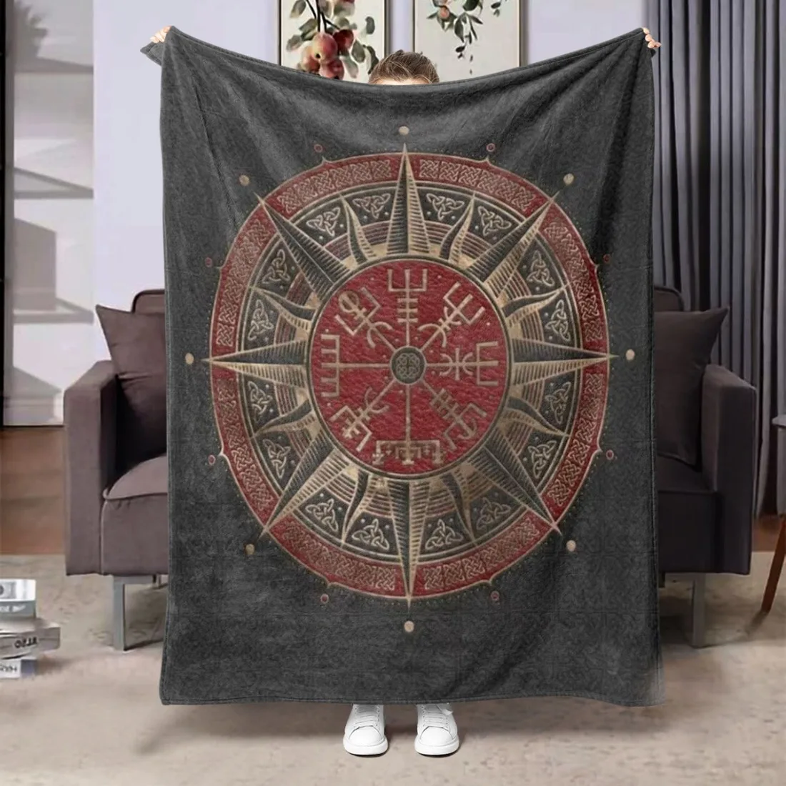 Vintage Nordic Compass Flannel Throw Blanket, Retro Celtic Knot Circle Symbol Print Soft Blanket for Kids Bedroom Sofa Cozy Home