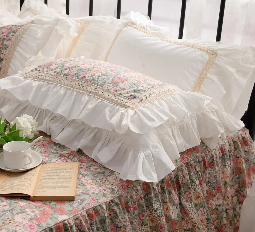 Imagem -05 - Conjunto de Cama Pastoral Estilo Americano Cama Luxuosa de Algodão Egípcio Estampa Flores Capa de Edredão Princesa Saia e Fronhas