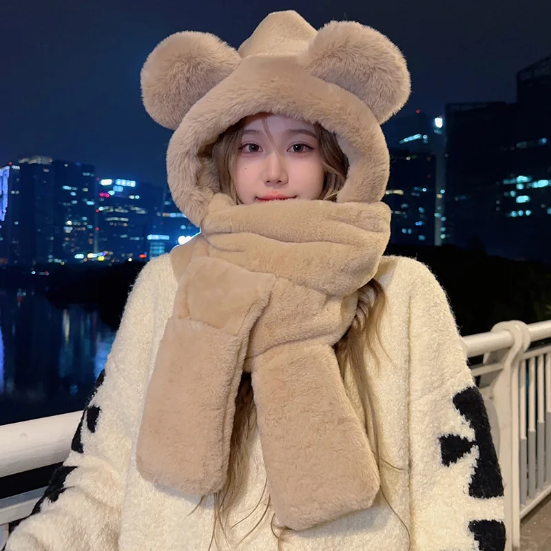 3PCSBear Hat Autumn and Winter Women Scarf Gloves one Winter Bib Cartoon Cute Warm Plush Winter Three-Piece Set