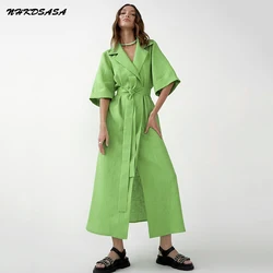 Cotton Linen Long Wrap Summer Dresses Woman Belt Lace Up Notched Office Women Dress A-Line Elegant Slit Dress Robe Femme