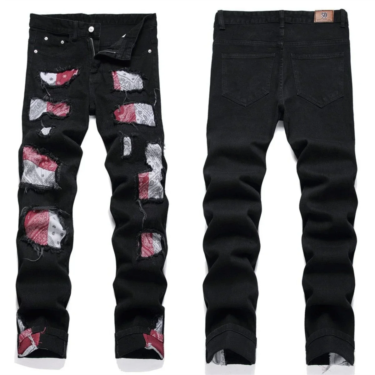 Herren perforierte Jeans 3d innere Stickerei Reiß verschluss gebleicht Slim Fit Strumpfhosen hochela tischen Reiß verschluss Trend Katze Bart Farbverlauf 2024