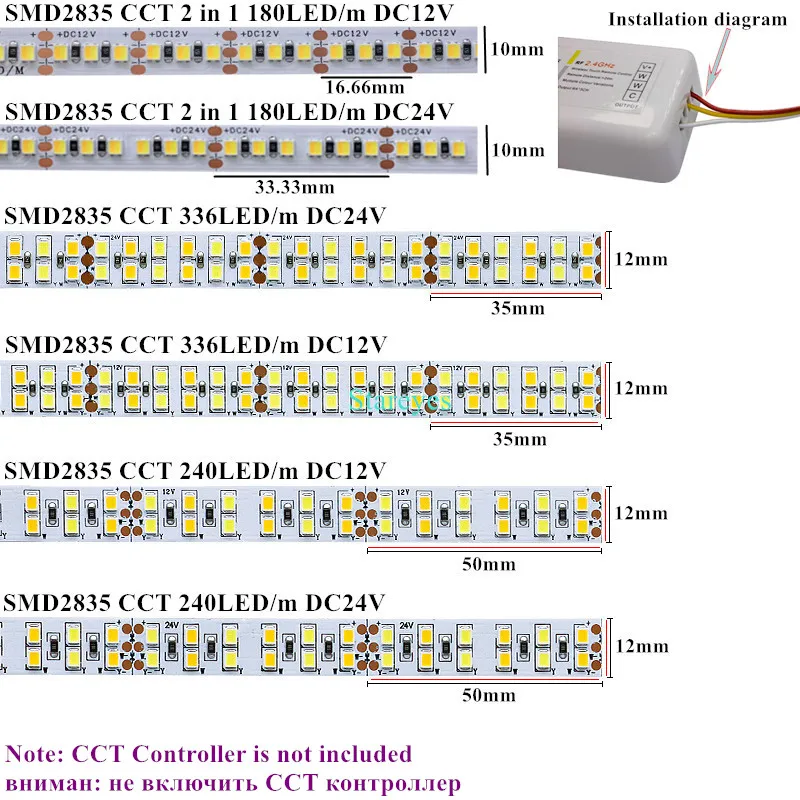 Tira de luces LED SMD2835 CCT 120, 180, 240, 5m, DC12V, 24V, WW CW, 2 en 1, cinta de temperatura de Color Dual ajustable