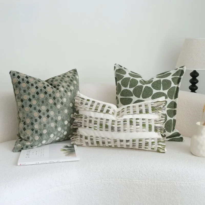 

Boho Drawstring Woven Fringe Pillow Cover Macrame & Appliqué Cushion Cover Vintage Green Geometric Jacquard Sofa Decor Home