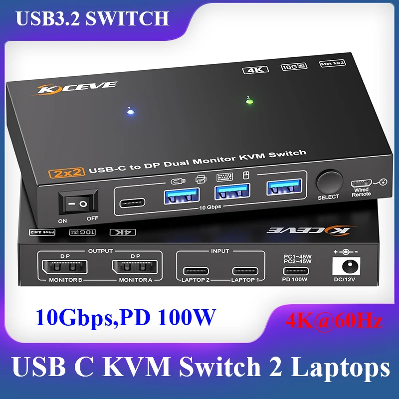 4K@60Hz USB C KVM Switch, 2 Monitors KVM for 2 Laptops Share Dual External Displays and 4 USB3.2 Peripherals,10Gbps