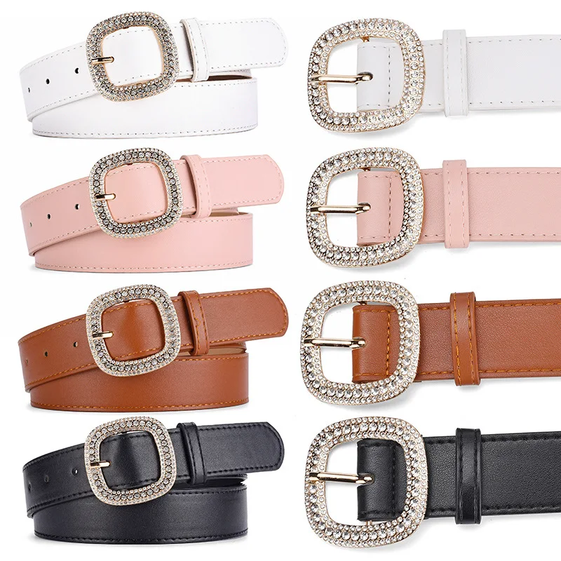 

2025 Europe and The United States New Belt Fashion Square Buckle Rhinestone Inlaid Ladies with Elegant Decorative Belt