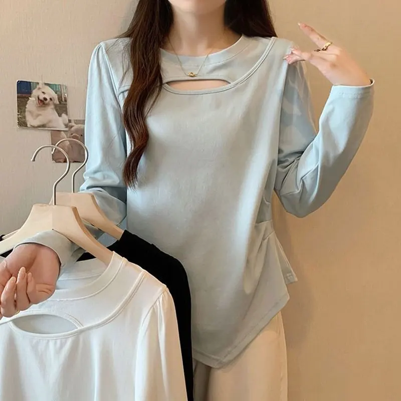 

Korean Irregular Basic T-shirt Female Clothing Solid Color Spring Autumn Fashion Hollow Out Casual O-Neck Long Sleeve Pullovers