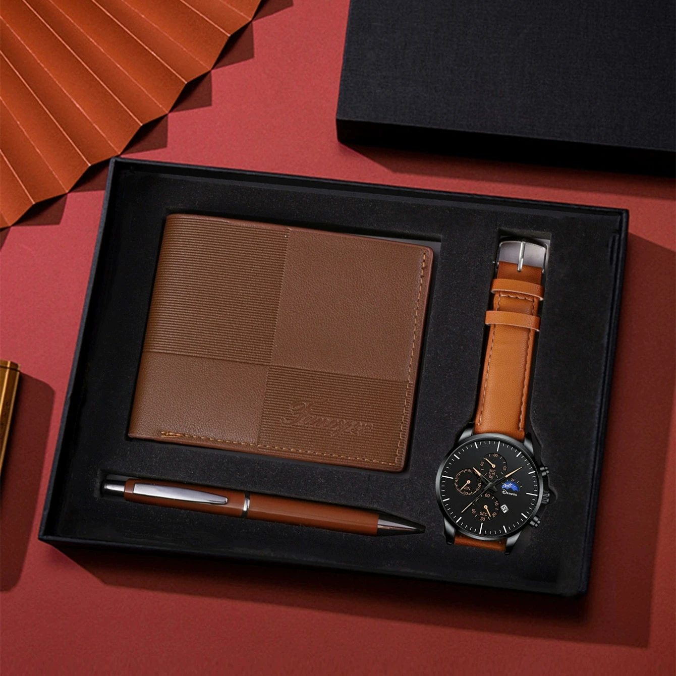 

3Pcs Men's Gentleman Elegant Fashion Business Stainless Steel Watch Set, Wallet+Watch [Gift Box]