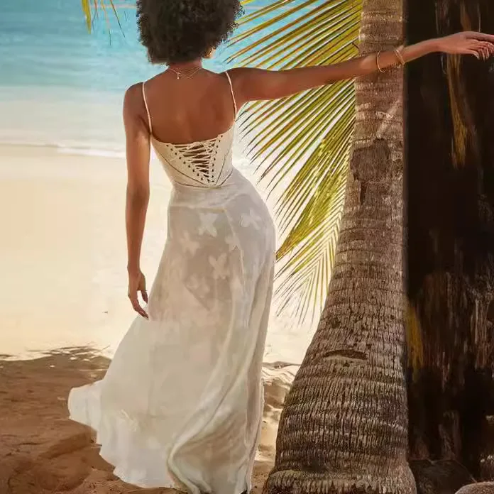 

Summer New Fashionable Women's Off-Shoulder Gown Elegant Evening Dress Sleeveless Linen Material Ball Gown for Adults