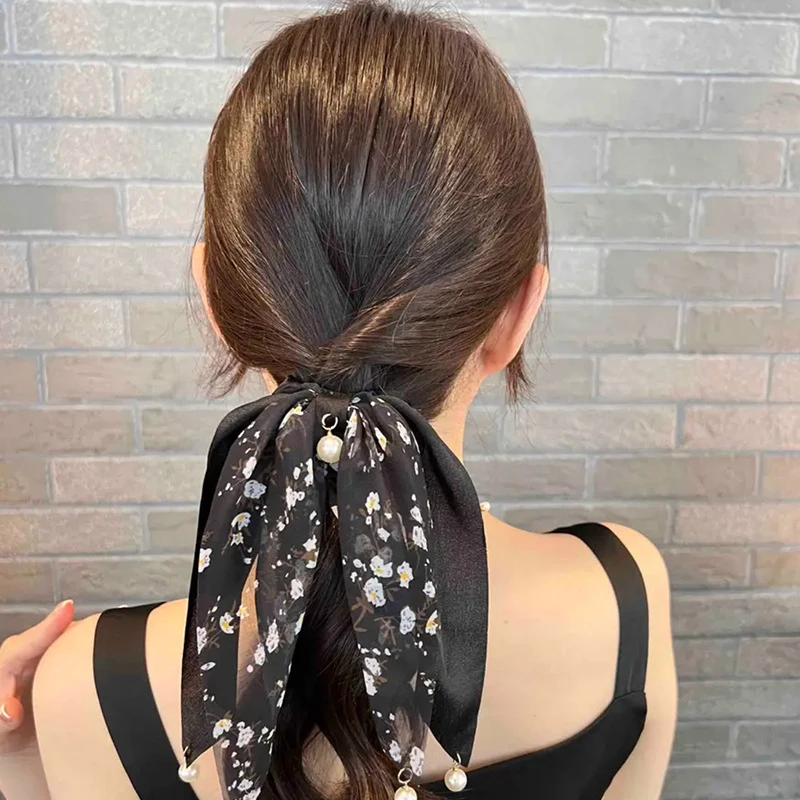 Fashion Print Bow Scrunchies Hair Ribbon For Women Elastic Hair Pearls Band Girls Horsetail Hair Ties Hair Accessories