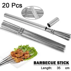 Skewers for Grilling Storage Tube Stainless Steel Barbecue Skewer BBQ Needle Sticks Metal Flat Forks for Kitchen Camping Gadgets